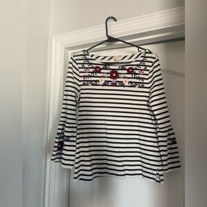 J. Crew Black and White Striped Top with Floral Embroidery & Bell Sleeves